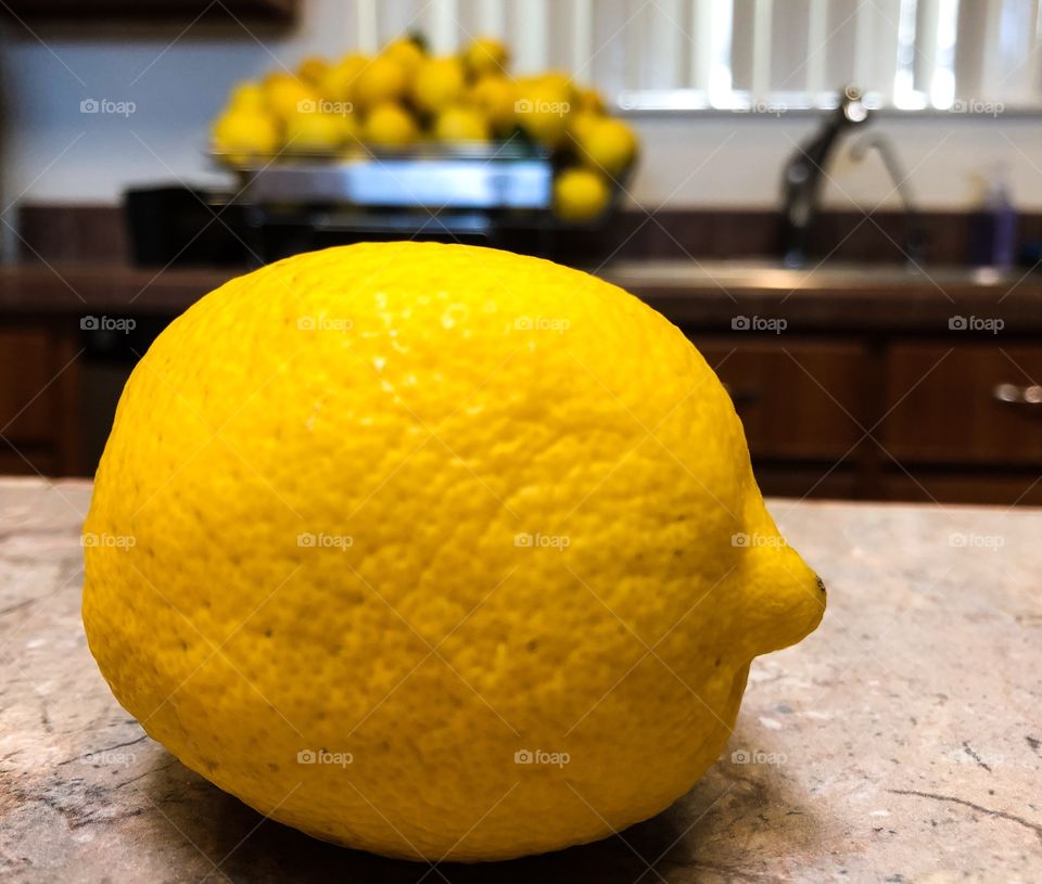 Close of lemon with freshly picked lemons dish drying tray.