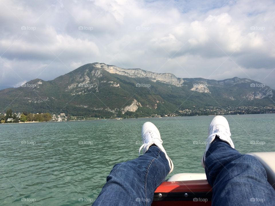 Relaxing on a Paddle Boat on Lake Annecy.  Annecy, France.