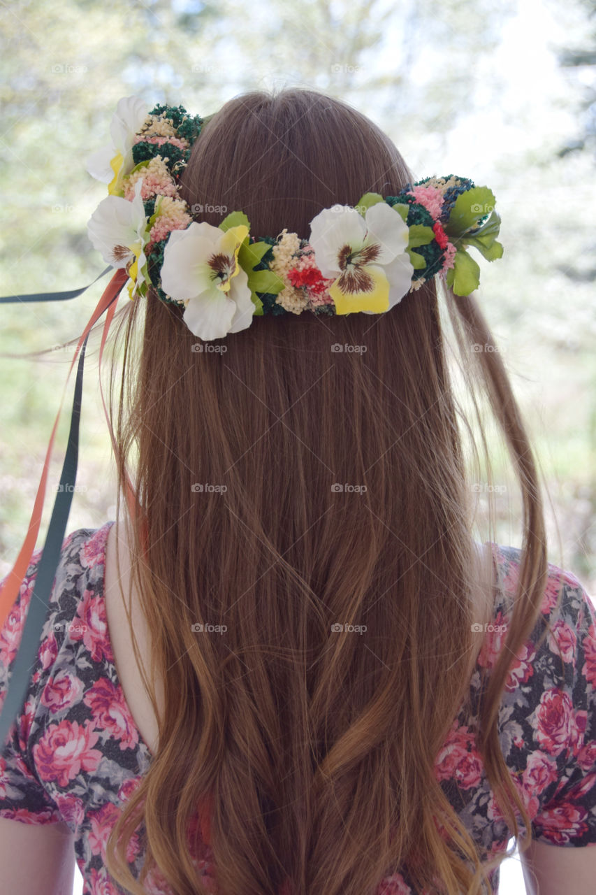 Floral crown, girl with long brown hair