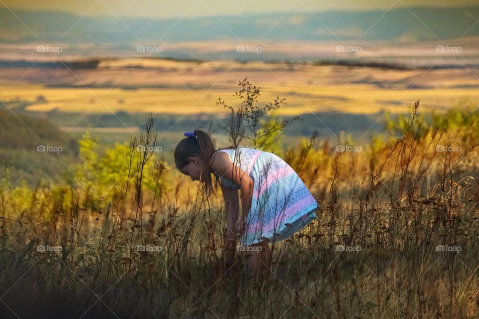 A girl at the meadow piking a flower