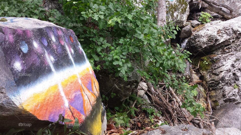 spray paint on a forest rock