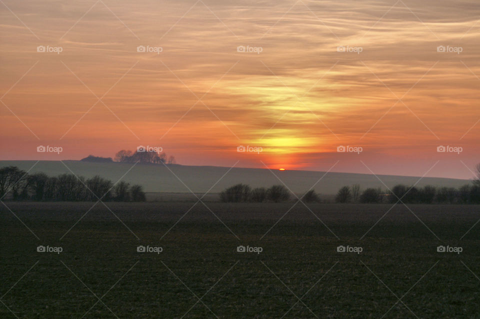 Golden sky in England. Golden light falls over the English countryside