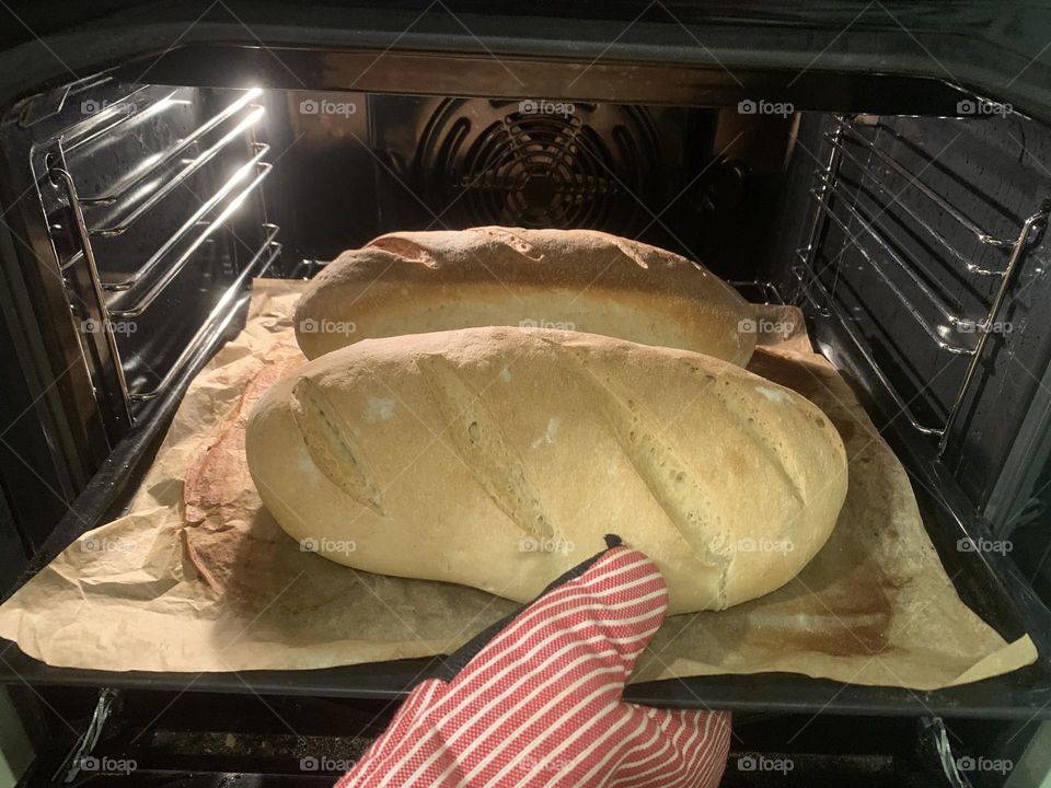 Ready bread loafs in oven