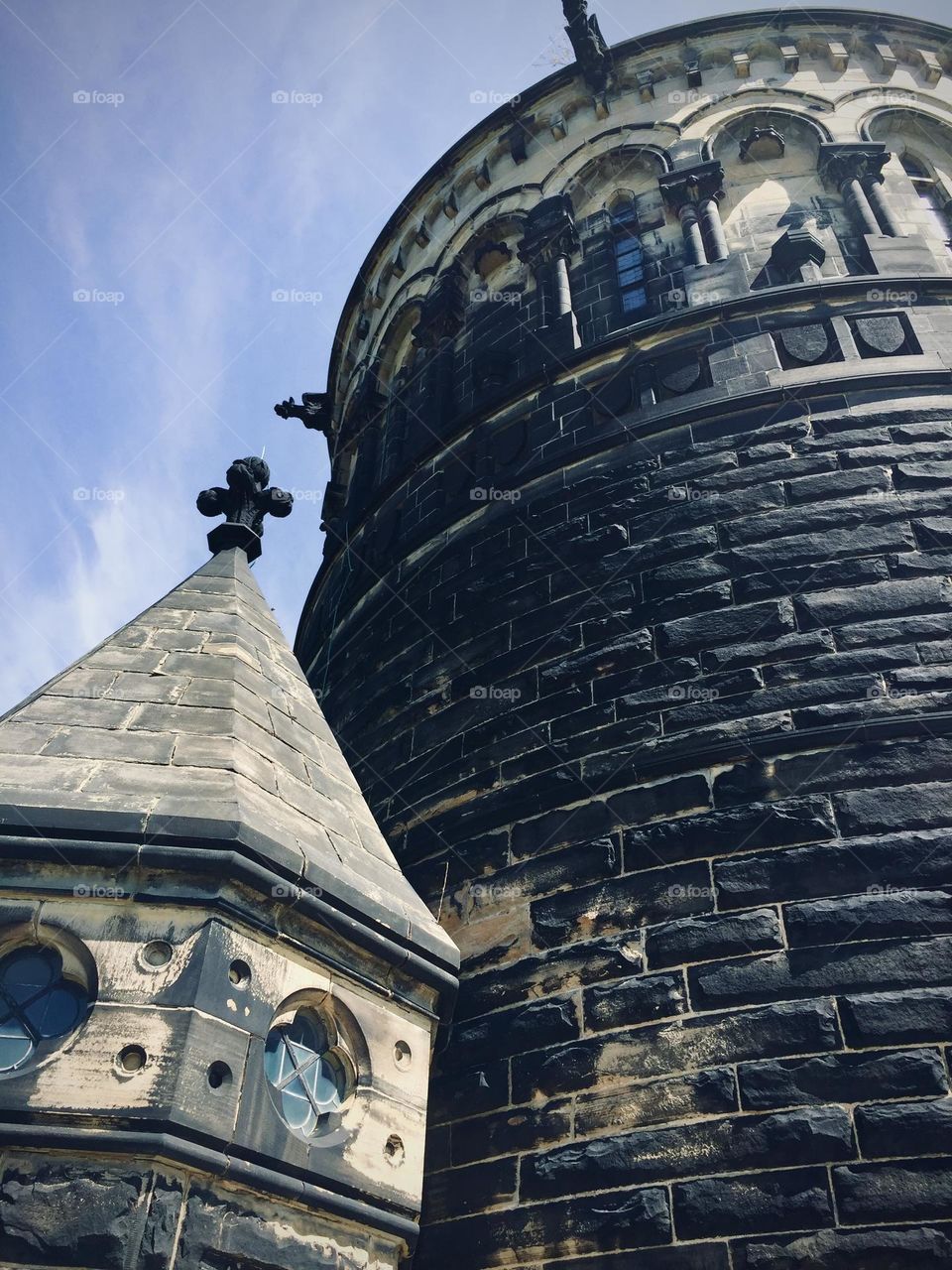 Closeup of the eerily beautiful architecture of the Presidential mausoleum for US President James Garfield 