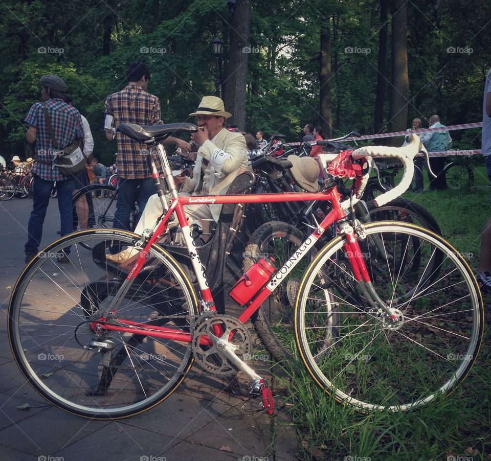 Vintage steel red colnago roadbike  on a vintage bicycles exhibition in Moscow, Russia