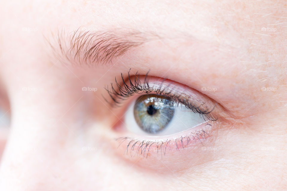 Closeup on a blue eye of young wman