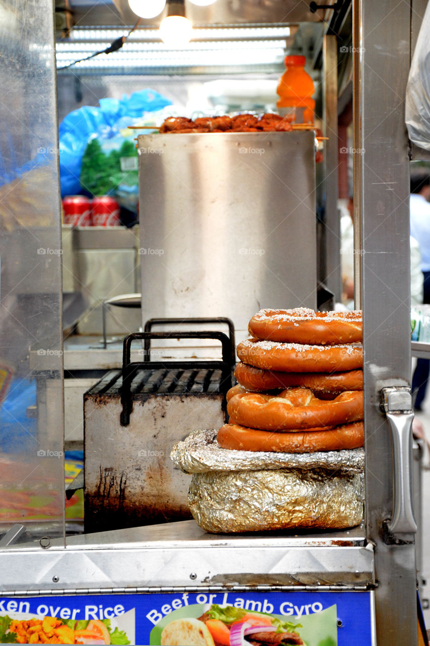 New York City  food cart selling large soft pretzels