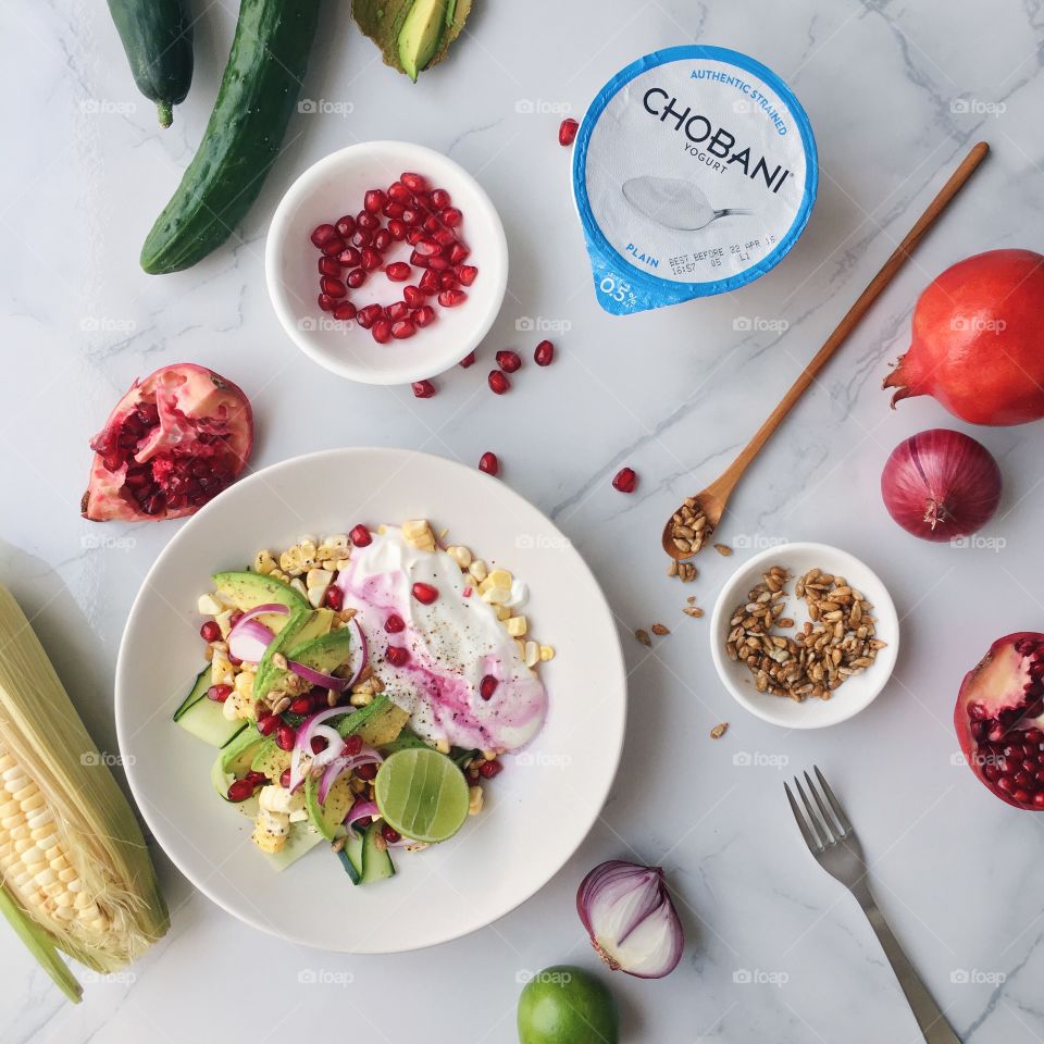 Made with Chobani : Healthy avocado and corn salad with CHOBANI Plain yogurt.
(CHOBANI Plain, sweet corn, avocado, Japanese cucumber, pomegranate, red onion, lime, sunflower seed, and pepper)