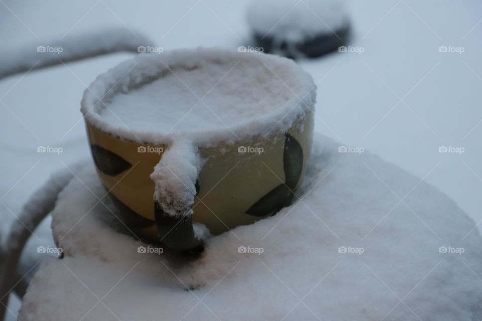 Big cup left outside filled with overnight snow 