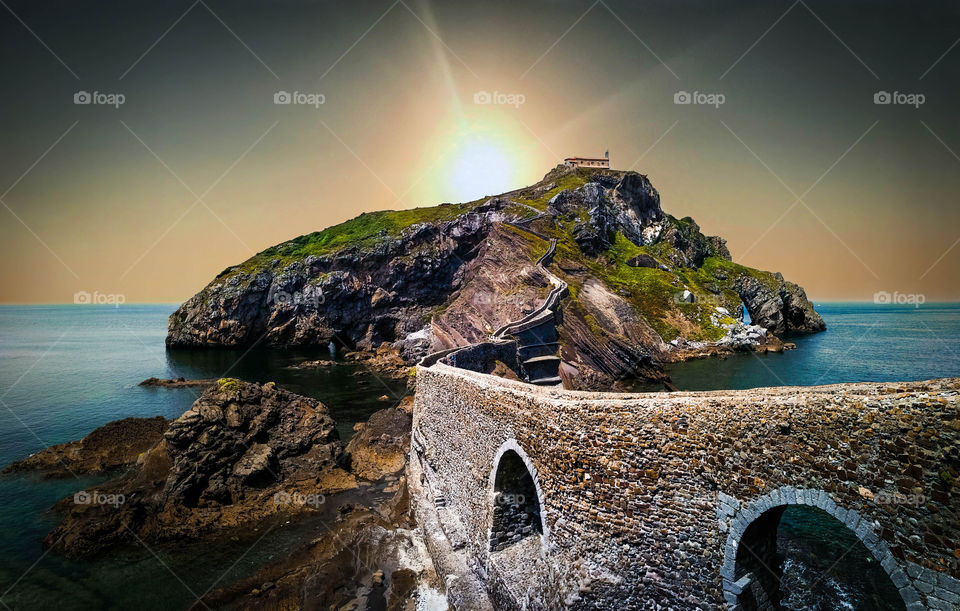 Sunset over Gaztelugatxe church in Basque Country, Spain.