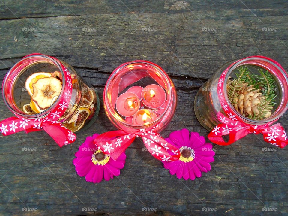 Recycled jars decorated for Christmas