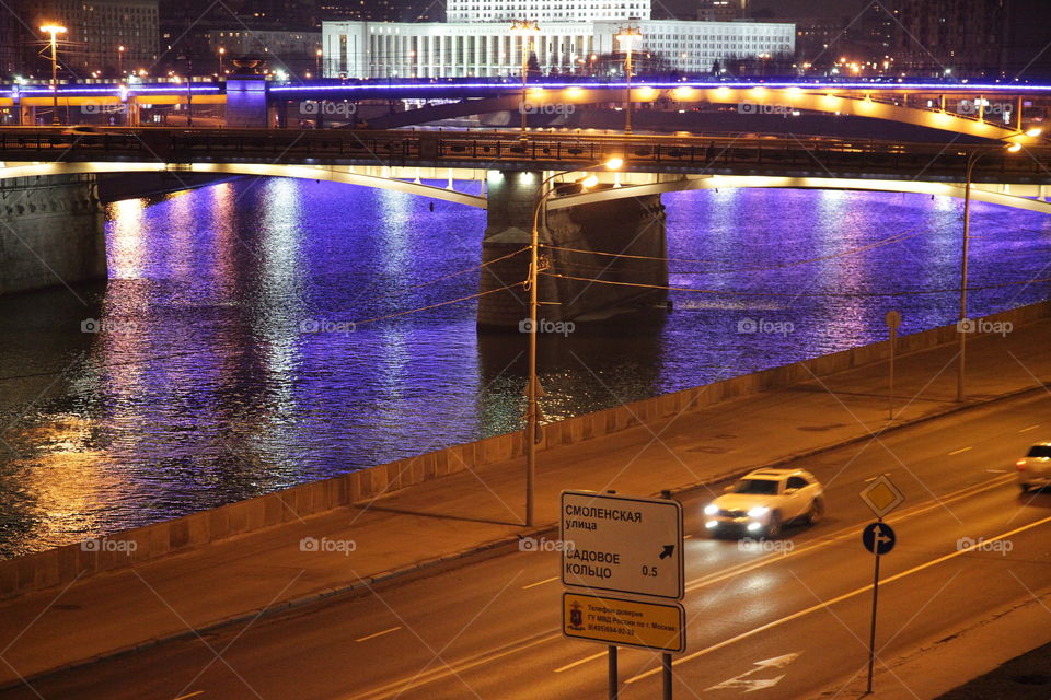 Berth, sunset, river,  Moscow, city, night city, Moscow does not sleep