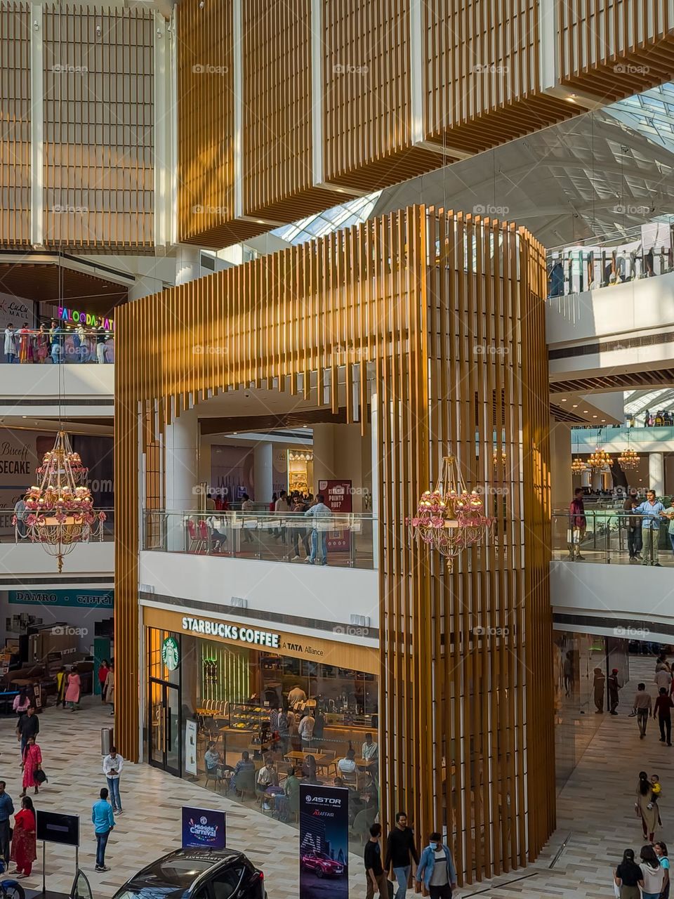 An architectural view of a building in mall