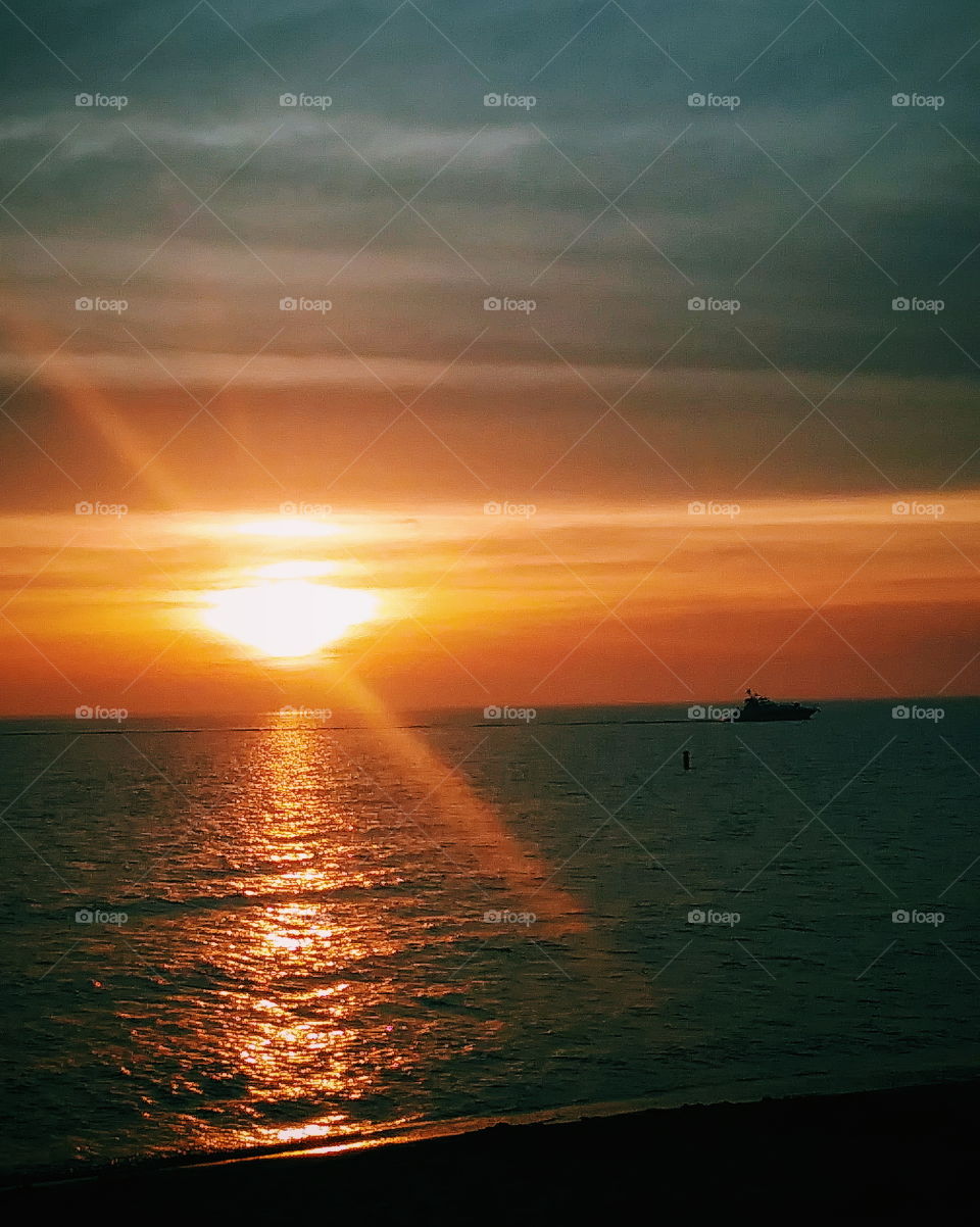 sunset with boat - Lake Michigan