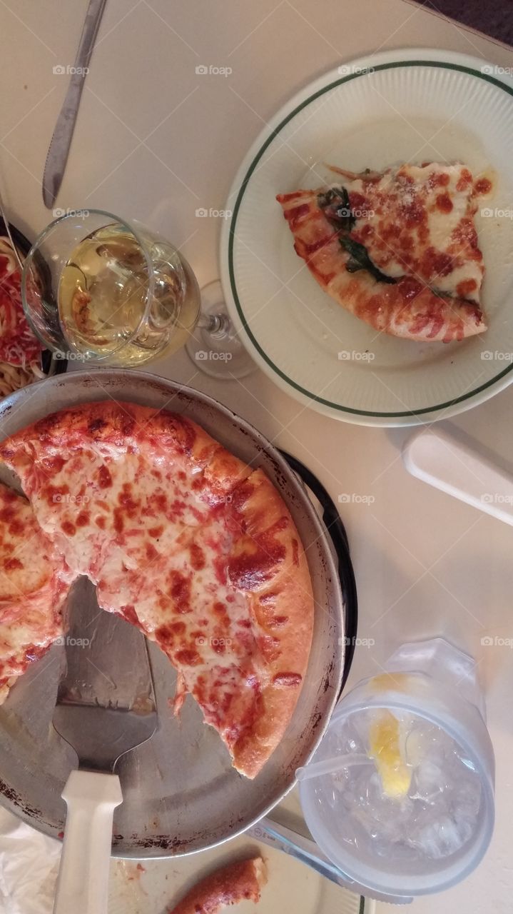 Enjoying pizza for lunch at a local hot spot