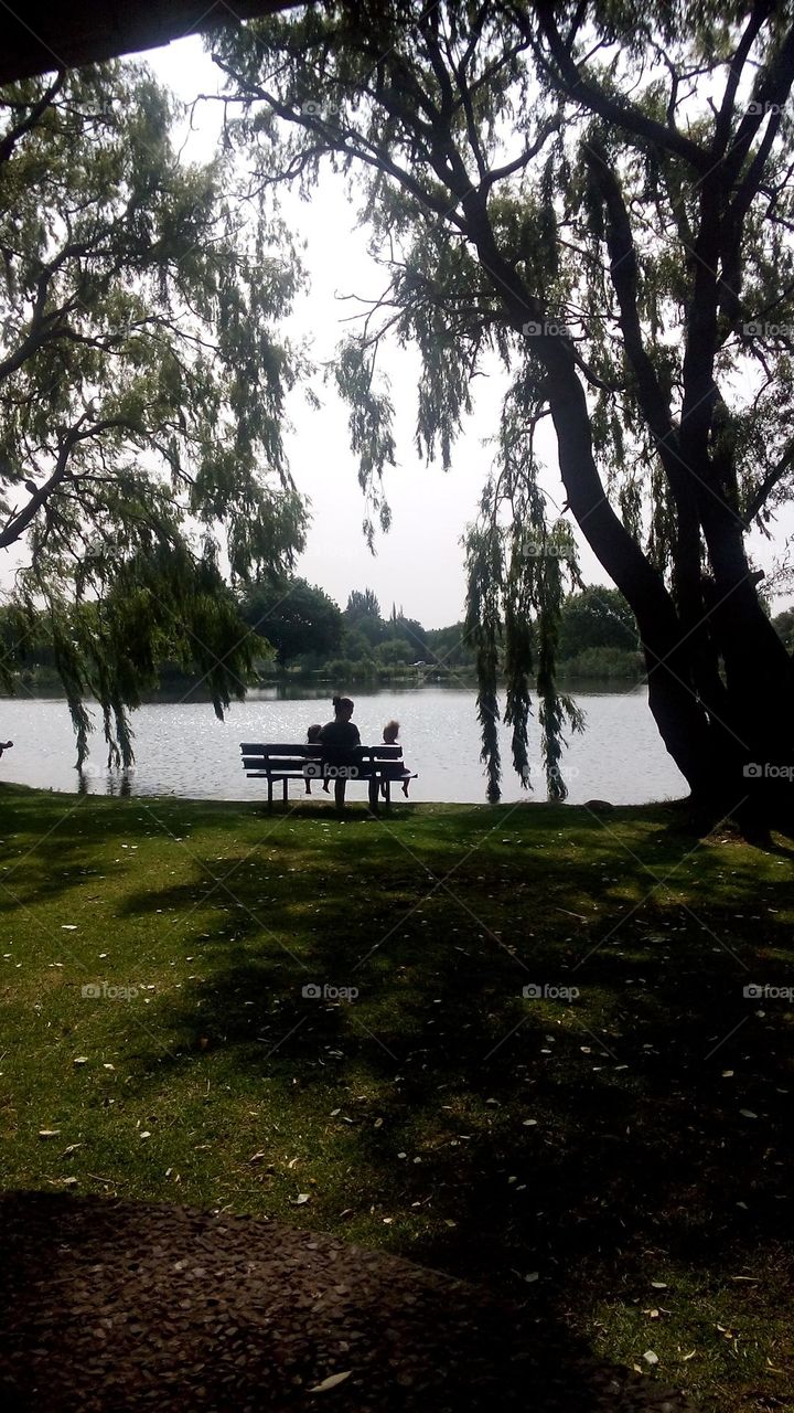 Sitting on a bench by the pond