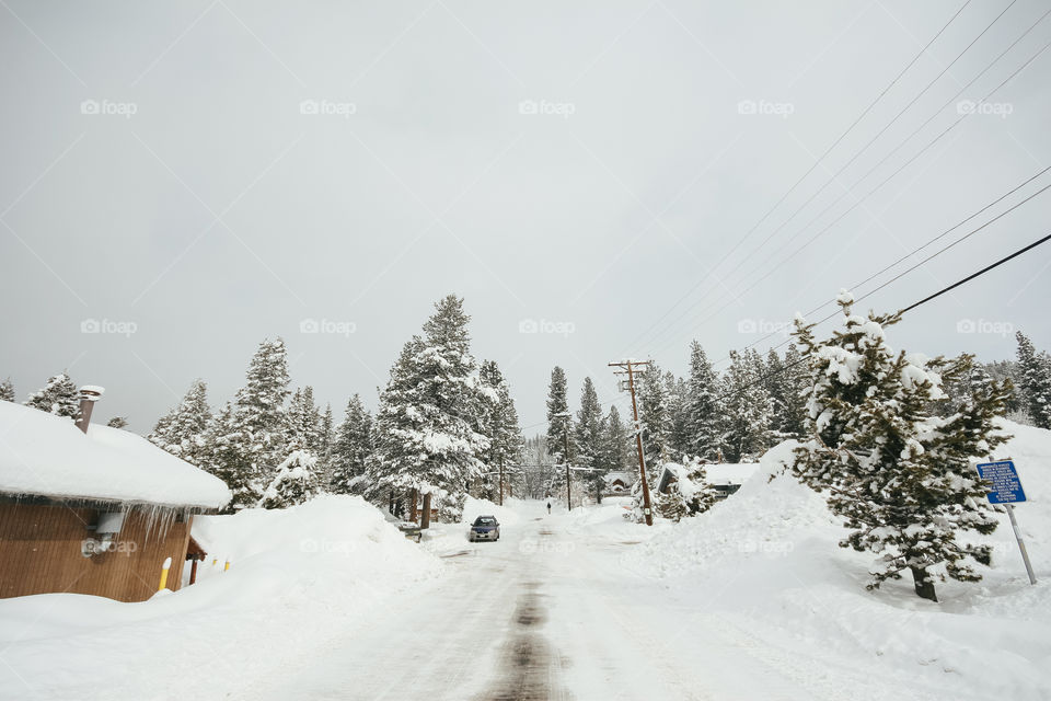 Snow covered small town street 