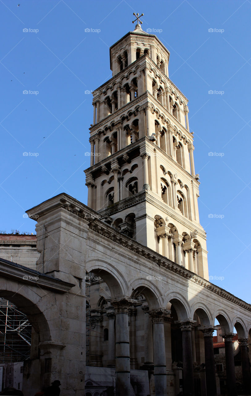 POV - The bell tower of the cathedral in Split city, Croatia