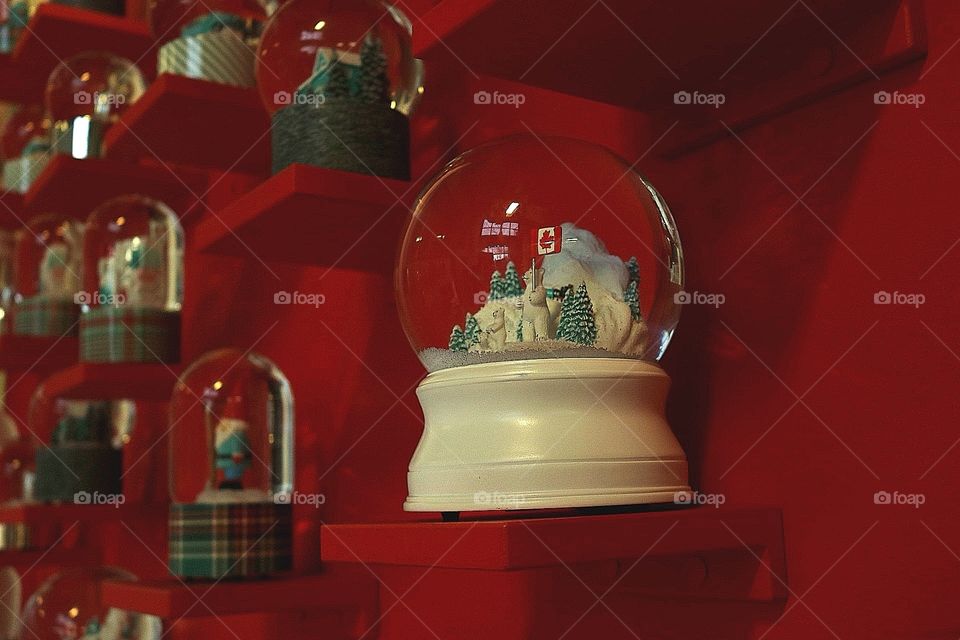 snow globe against red backdrop