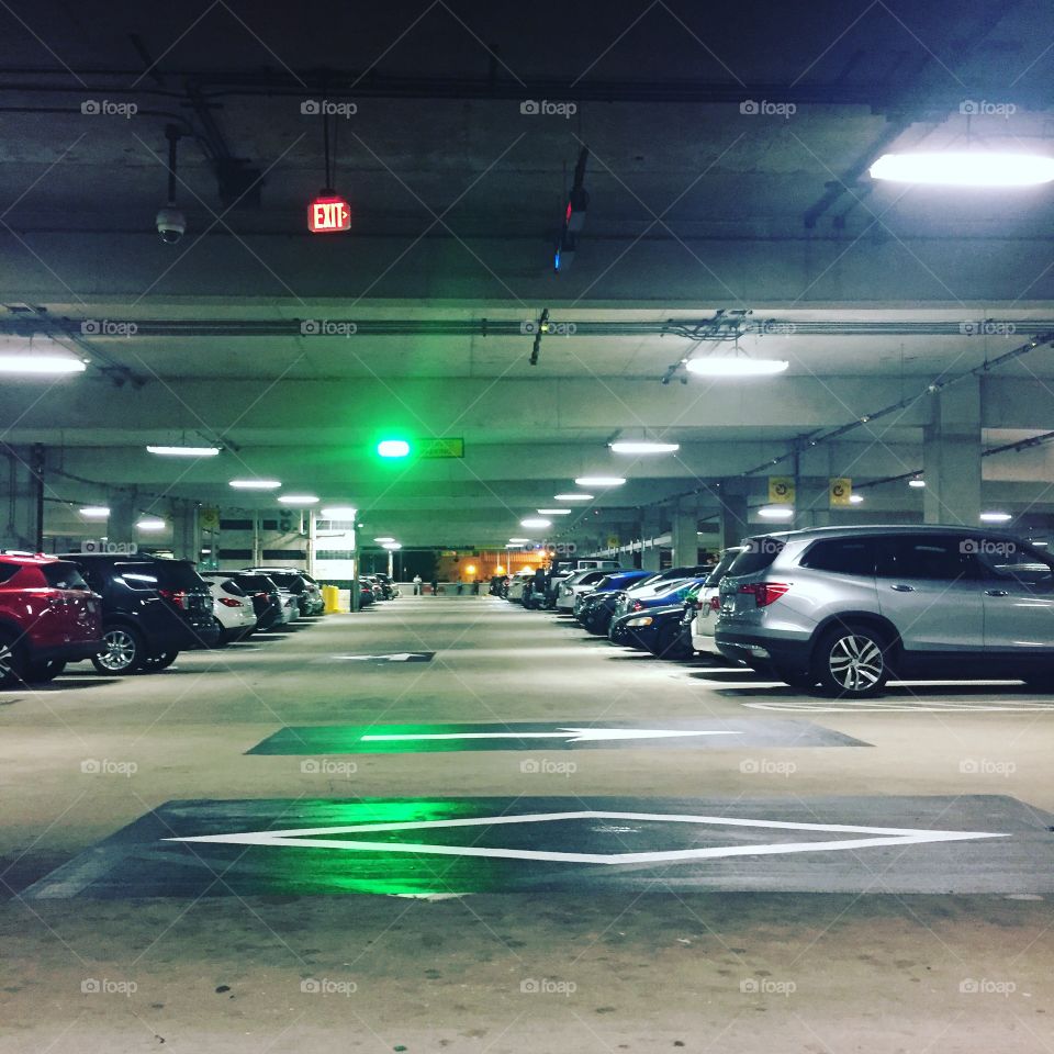 Parking garage late night with lights