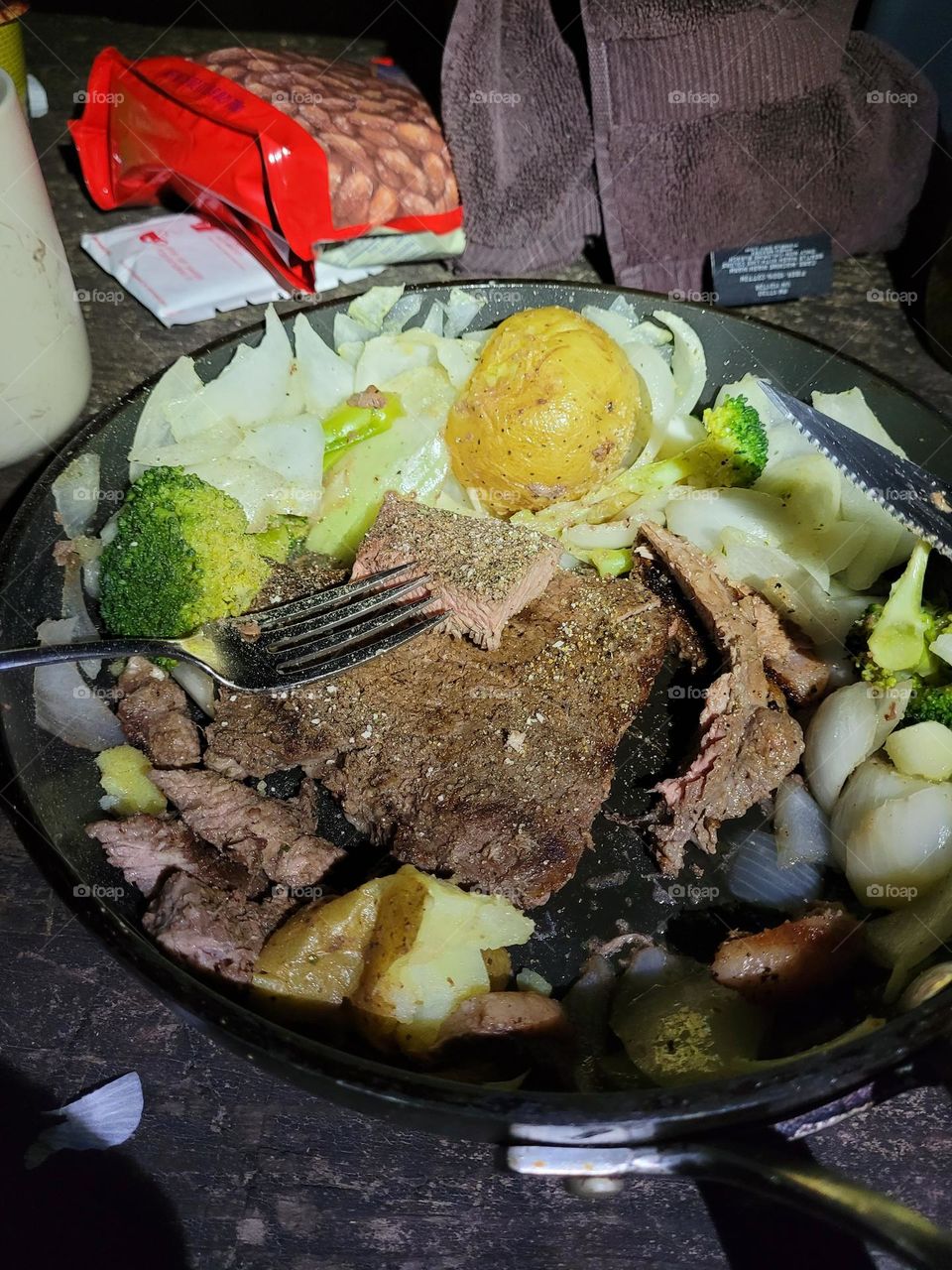 camping meal in frying pan
