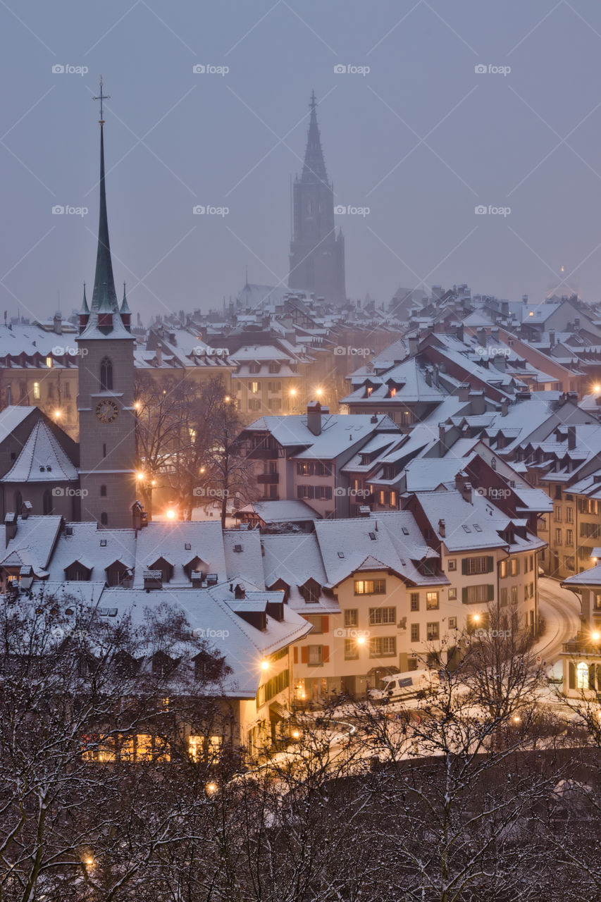Old town of bern by night in winter