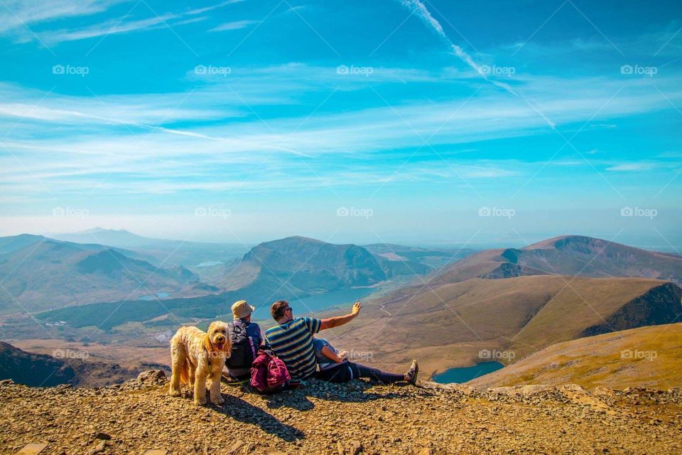 Family taking selfie of themselves at the beautiful Snowdon Mountain.