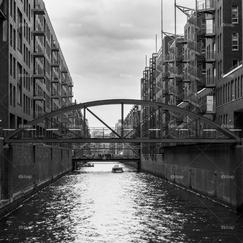 Black-white photo of the Speicherstadt in Hamburg