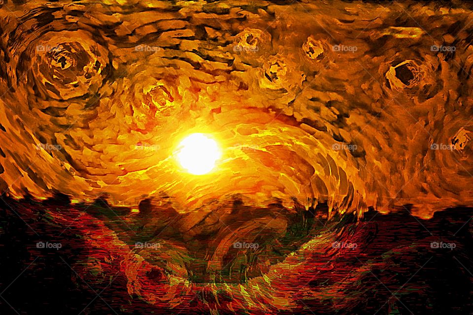 Vincent Van Gogh effect, bright red orange yellow sunset 
