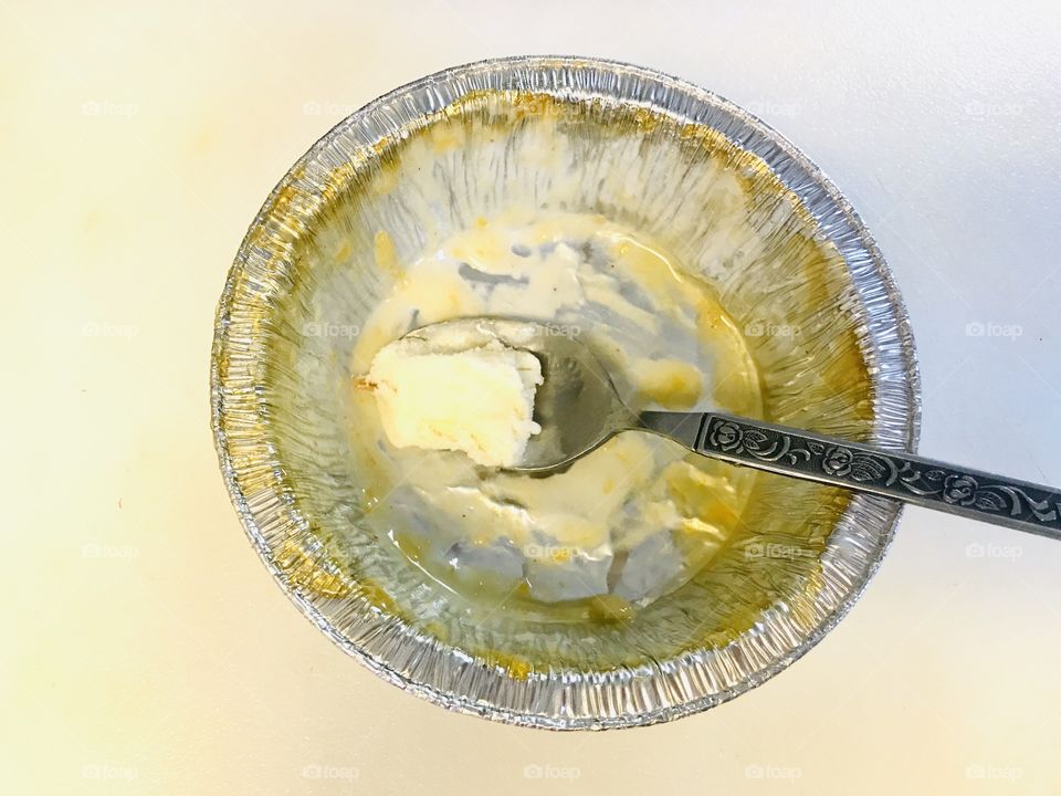 Empty peach cobbler foil cup yummy gone 