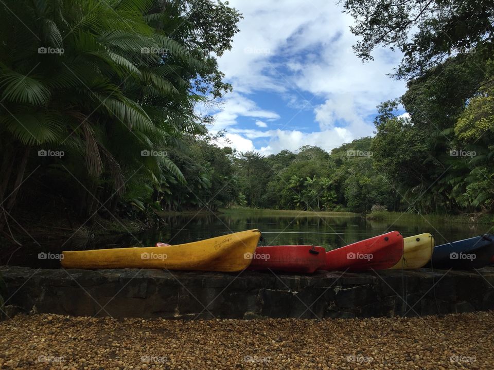 Kayaks on idyllic lake