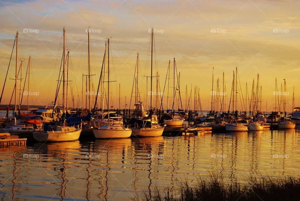 View of harbour during sunset