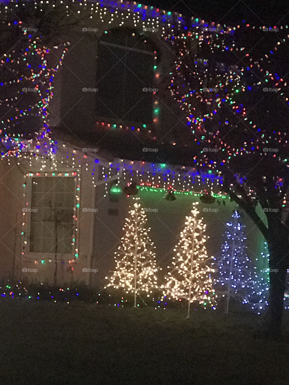Beautiful Twinkly Holiday Christmas lights at night enjoying the Christmas season . America, USA 