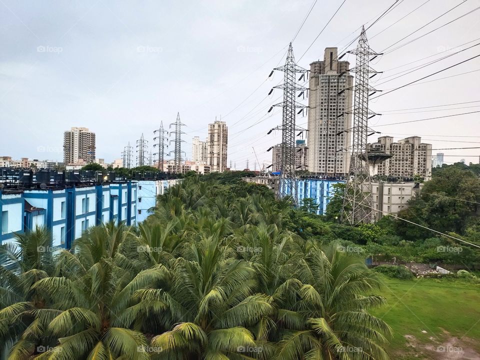 Rareset Fusion Of Nature,Architecture and  Technology e.g.
Orchard Of Coconut tree🌴, Multistorey Residential Flats 🏙️and Hitension Electricity Line🔌....

Mumbai City India