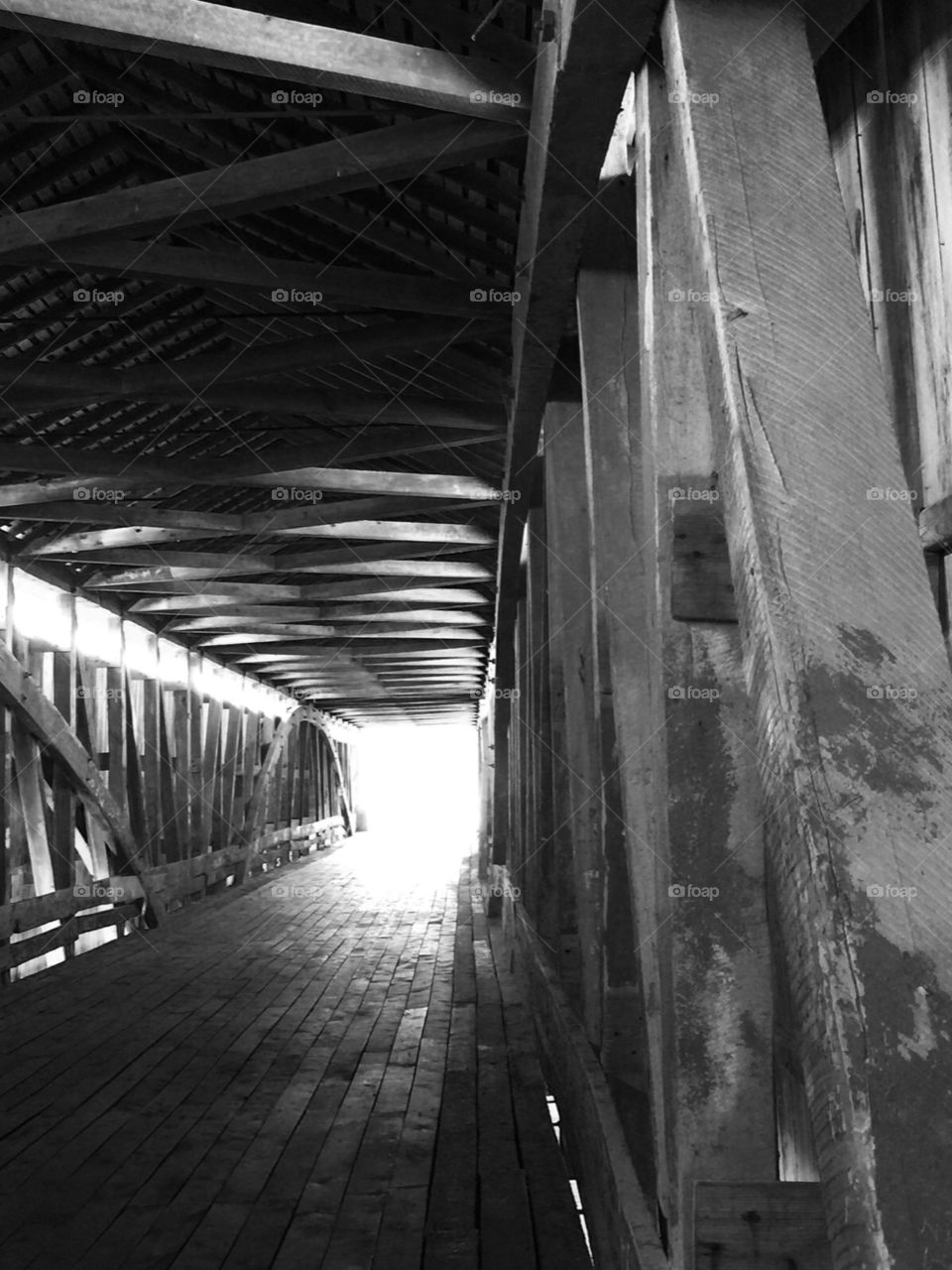 B & W Architecture . Longest covered wooden bridge in USA , located in Medora Indiana , built in 1800s.