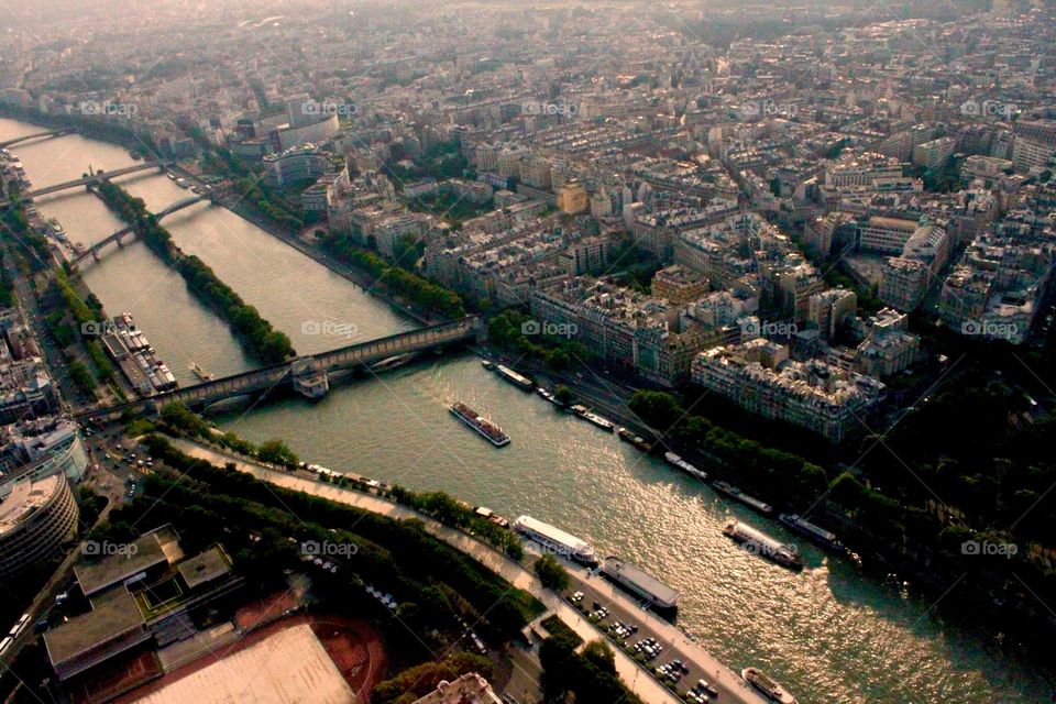 A view of La Seine (the River Seine) from the top of the Eiffel Tower on a sunny day 