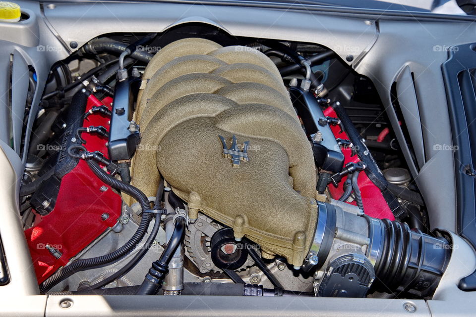 Engine bay of a Maserati sports car at a show in Perth Australia