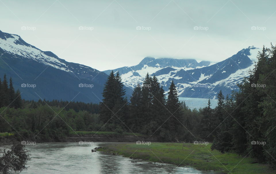 All of the wilderness that Alaska has to offer: River, Forest, glacier and mountains.
