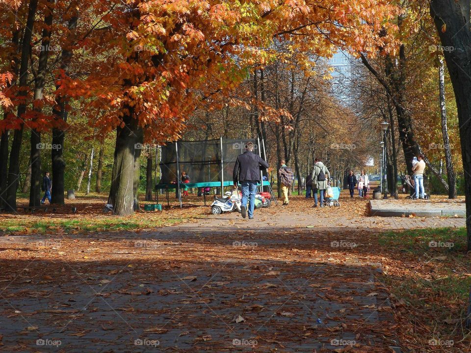 adults and children are walking in autumn park