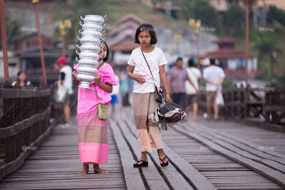 Myanmar girl at wood bridge 