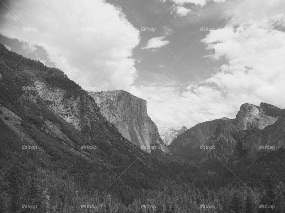 Black and white shot of Half Dome over valley, Yosemite National Park, California