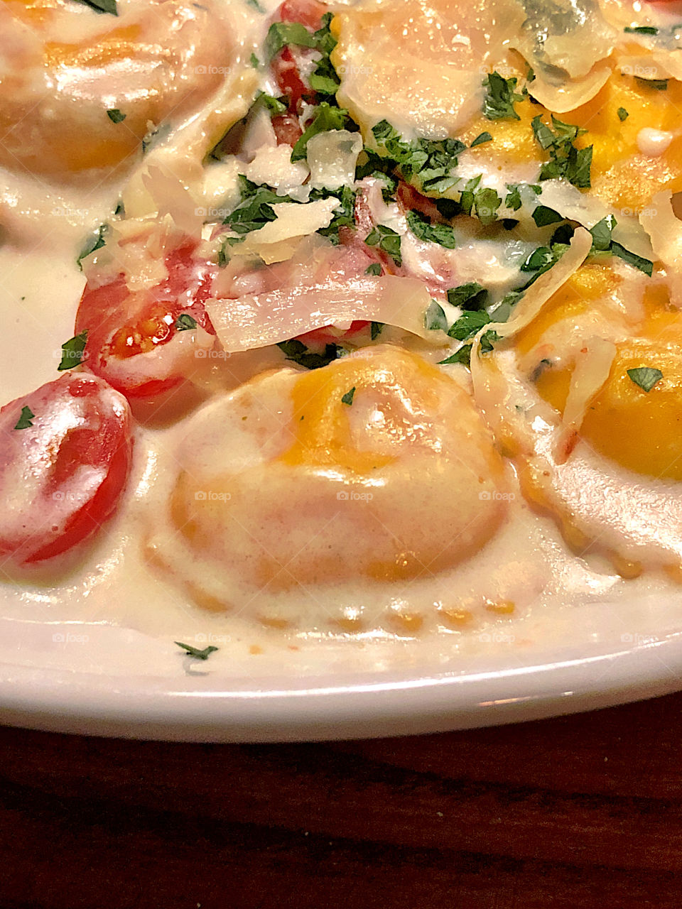 "Lobster Ravioli" - a savory restaurant-prepared meal up close 