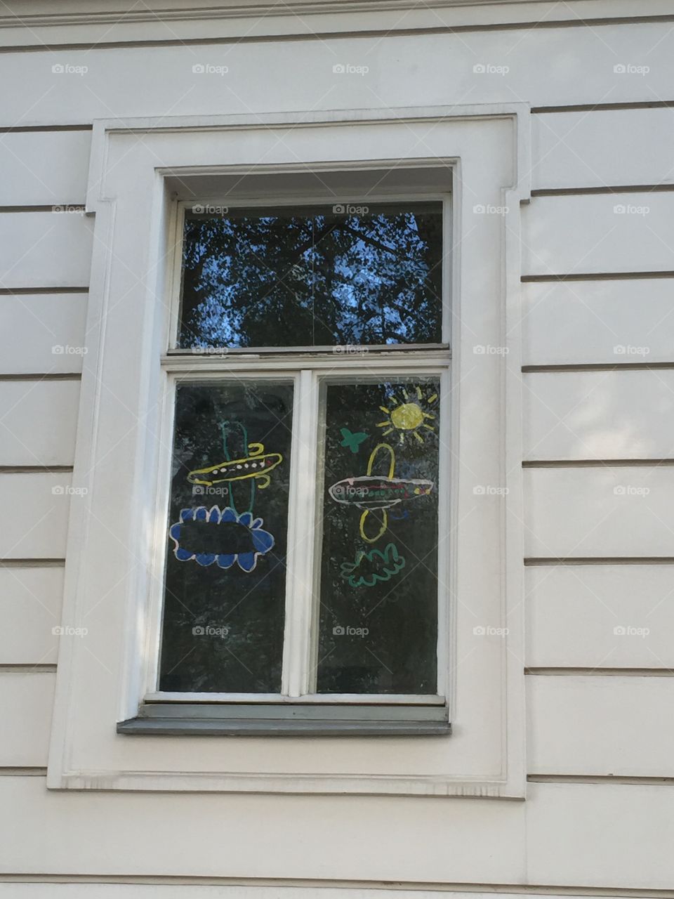 Windows with airplanes . Windows with hand drawing airplanes from the kindergarten 