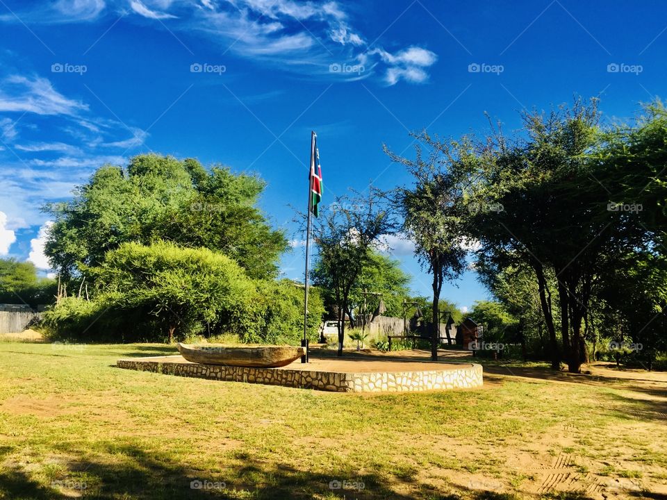 A beautiful flag of Namibia in a naturally green vicinity. 