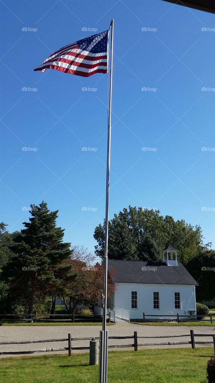 old school and flag. Witch's Hat, South Lyon, Michigan