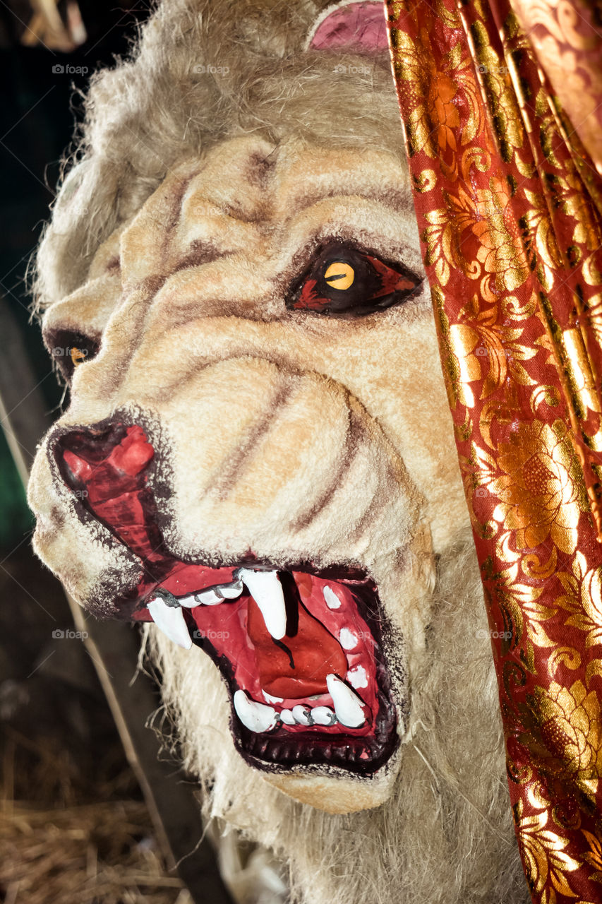 The face of a lion, often referred as king of jungle. Displays with a cute, cartoon style during durga puja festival artwork. It appears to be slightly sad, ferocious with sharp teeth and timid.