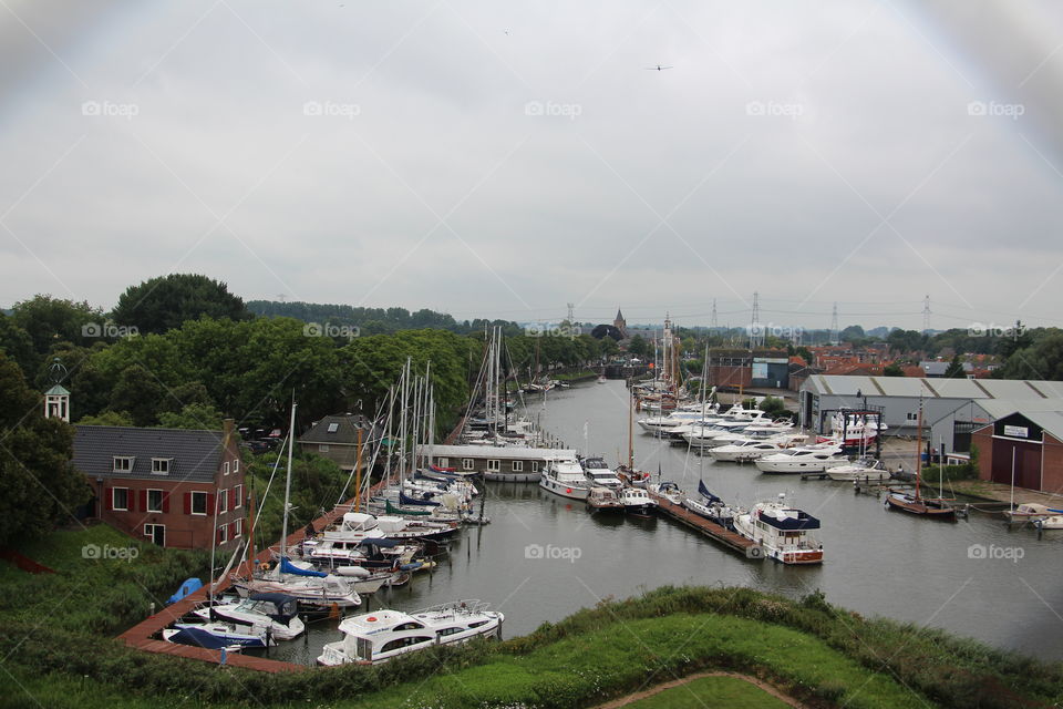 Town harbor in Europe in the summer.
