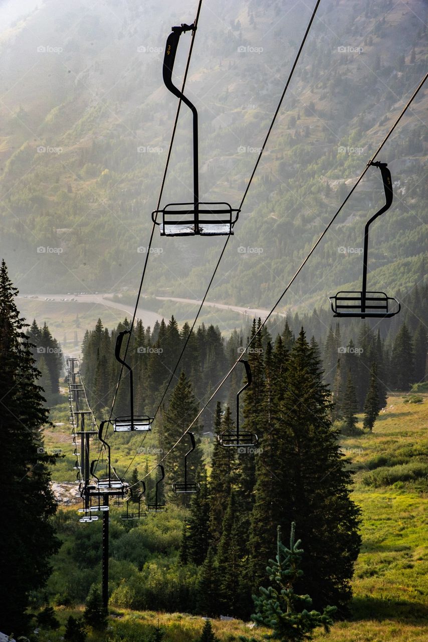 Ski resort chair lift down the mountain in the summer