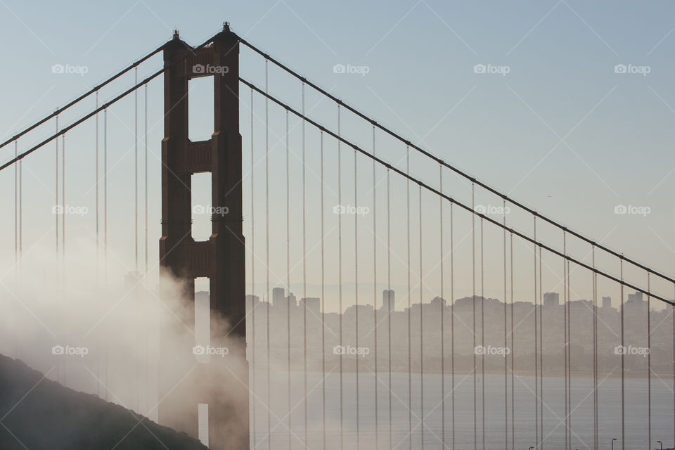 Close up of Golden Gate bridge in the morning mist