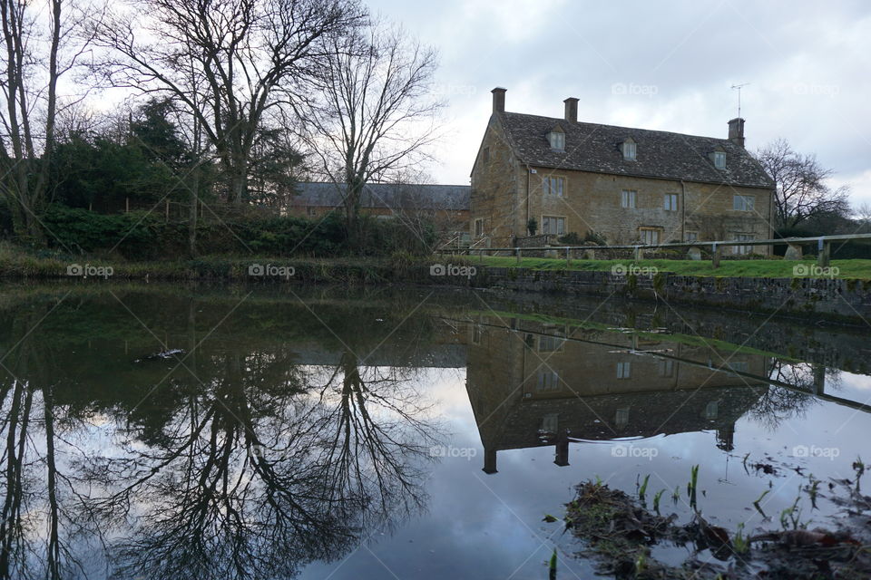 Cotswold Cottage Reflected in a Village Duck Pond ...